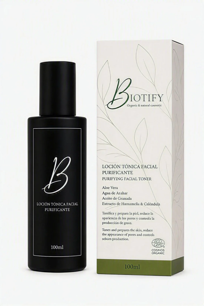 Loción tónica facial purificante — producto y envase